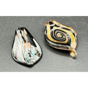 Pair Set Art Glass Lampwork Leaf Shaped Multicolor Black Copper Silver Pendants